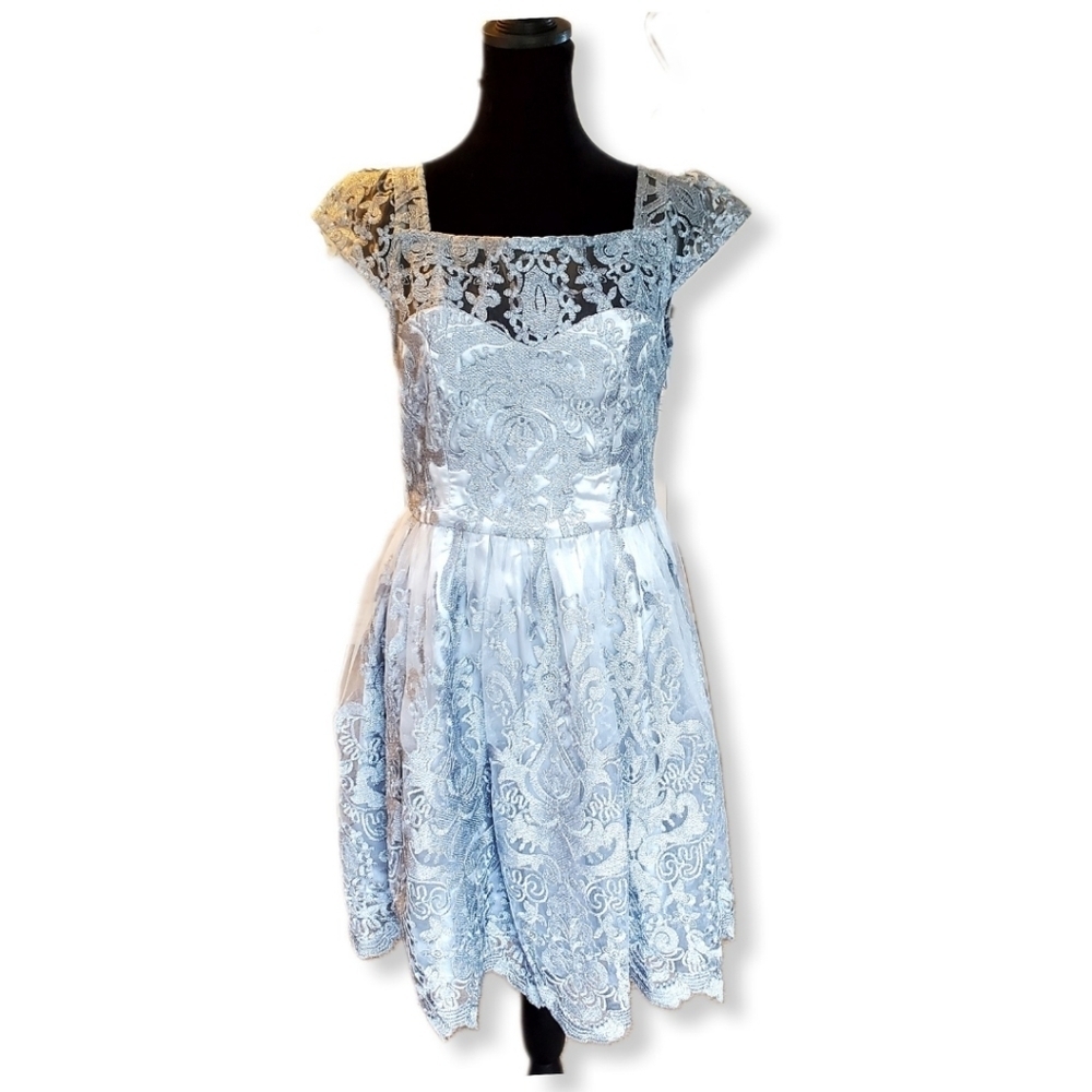 Lulus Metallic Light Blue Embroidered Skater Dress Sz M